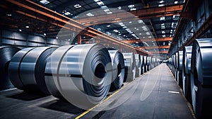 Packed rolls of steel sheets, cold rolled steel coils in factory warehouse