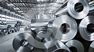 Packed rolls of steel sheets, cold rolled steel coils in factory warehouse