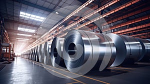 Packed rolls of steel sheets, cold rolled steel coils in factory warehouse