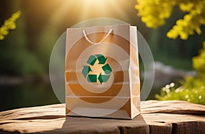 packet with recycled green arrows logo outdoor. eco friendly paper bag with recycling sign at forest