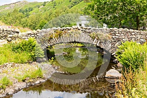 Packhorse bridge still water and refections Watendlath Tarn Lake District Cumbria England UK