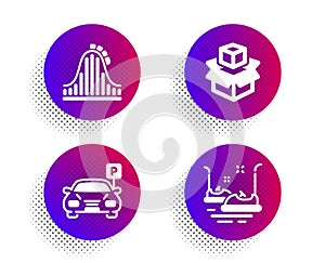 Packing boxes, Parking and Roller coaster icons set. Bumper cars sign. Vector