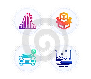 Packing boxes, Parking and Roller coaster icons set. Bumper cars sign. Vector