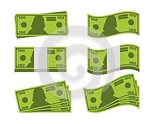 Packing in bundles banknotes. Vector illustration. Green dollar in various bundles