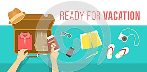 Packing clothes for summer vacation vector flat illustration