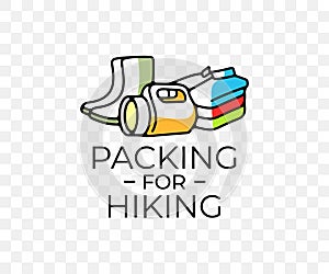 Packing for hiking, shoes, clothes and flashlight, colored graphic design