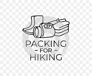 Packing for hiking, shoes, clothes and flashlight, linear graphic design