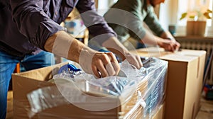 Packing items in cardboard boxes.AI generated image