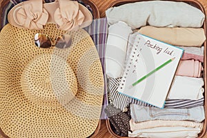 Packing list or travel planner. Preparing for vacation, journey or trip