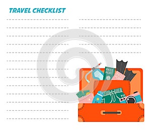 Packing list or travel planner. Preparing for a vacation, trip or trip. Suitcase, passport bag, fins, wallet with money