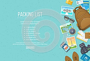 Packing list, travel planning. Preparing for vacation, travel, journey, trip. Baggage, air tickets passport wallet guidebook. photo