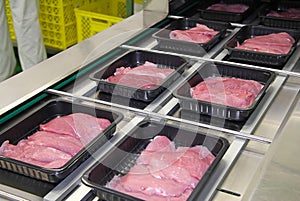 Packing of meat slices in boxes photo