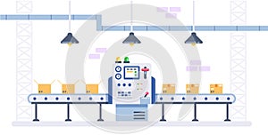 Packing and Production line concept in flat style. Industrial machine vector illustration. Cardboard Boxes on conveyor