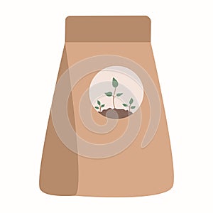 Packing with soil for plants in. Potting soil, various fertilizers. Vector illustration in a flat style.