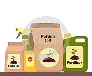 Packing with soil for potted plants. Potting soil, various fertilizers in bottles and spray gun. Vector illustration in flat style