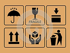 Packing symbol. Vector set of icons on cardboard, box. Production or packaging delivery.