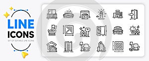 Packing things, Sports stadium and Buildings line icons. For web app. Vector