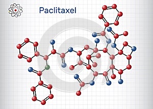 Paclitaxel, PTX molecule. Structural chemical formula, molecule model. Sheet of paper in a cage