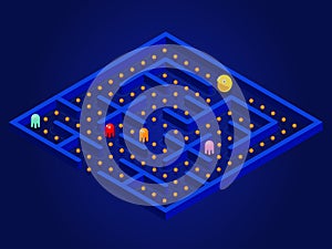 Pacman game with ghosts, maze and user interface. Video game Vector illustration