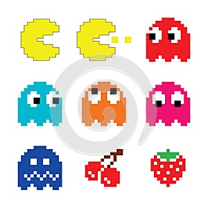 Pacman and ghosts 80's computer game icons set