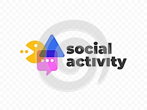 Pacman with speech bubble and geometric shapes overlap style logo design. Online social conversation, chat with social media