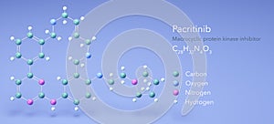 pacritinib molecule, molecular structures, c28h32n4o3 3d model, Structural Chemical Formula and Atoms with Color Coding