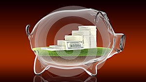 Pacs of money inside transparent piggy bank. 3d rendering