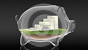 Pacs of money inside transparent piggy bank. 3d rendering photo