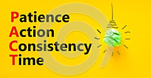 PACT patience action consistency time symbol. Concept words PACT patience action consistency time on beautiful yellow background.