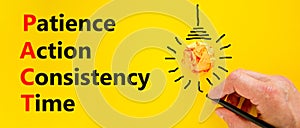 PACT patience action consistency time symbol. Concept words PACT patience action consistency time on beautiful yellow background.