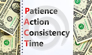 PACT patience action consistency time symbol. Concept words PACT patience action consistency time on white note, dollar background