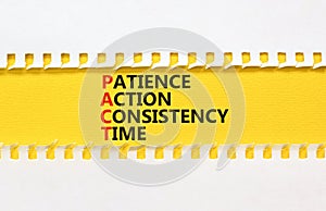 PACT patience action consistency time symbol. Concept words PACT patience action consistency time on white and yellow background.