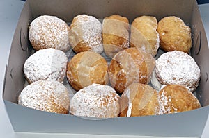 Paczkis, Donuts Dusted With Powdered Sugar and Filled