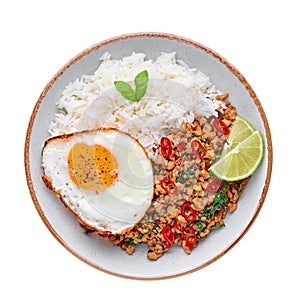 Pad Krapow Gai - Thai Basil Chicken with Rice and fried Egg isolated on white background. Thai Food. Isolate