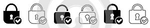 Pad lock check mark icon line and solid
