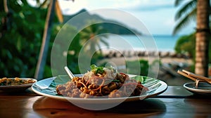 Pad See Ew Stirfried Noodles On A Wooden Table Backdrop Of The Bergue Thailand Cafe. Generative AI