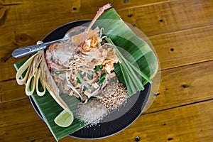 pad thai with big shrimp and vegetables. Famous Thailand food