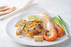 Pad Thai with River Prawns,Fried noodle Thai style with Giant freshwater shrimp