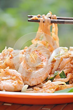 Pad Thai stir fried rice noodles with shrimp and egg on plate