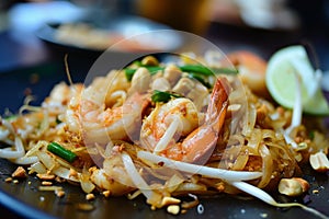 Pad Thai: Stir-fried rice noodles with shrimp, tofu, bean sprouts, peanuts, and tamarind sauce