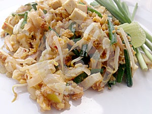 Pad Thai, stir-fried rice noodles with tofu. The one of Thailand's national main dish.