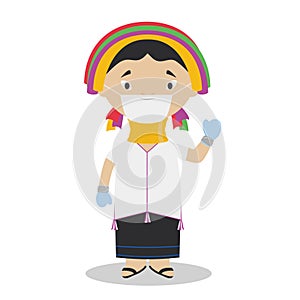 Padaung girl character from Myanmar Kayan Tribe dressed in the traditional way and with surgical mask and latex gloves