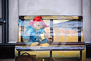 Paddington Bear, one of 50 BookBench sculptures celebrating London`s literary heritage, now located at Paddington station