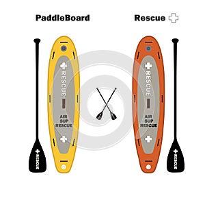 Paddle board, air sup rescue, inflatable surf, surfboard orange and yellow with black paddles, water sport,