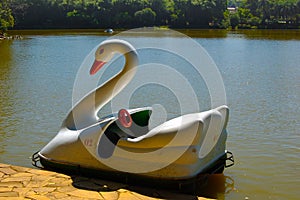 Paddle boat on the lake. Swan paddle boat in a sunny day. Romantic ride. Beautiful, calm and easy waters.