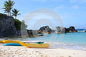 Paddle boats are on sandy beach of Bermuda