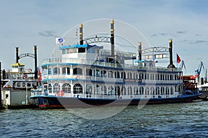 Paddle steamer Louisiana Star ferry docked in the port, Hamburg,