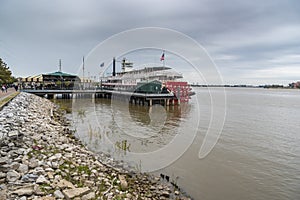 Paddle steamer Natchez at Mississippi river pier in New Orleans