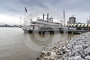 Paddle steamer Natchez at Mississippi river pier in New Orleans