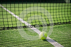 Paddle tennis court and net with a ball on the net shadow